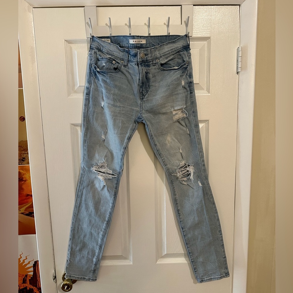 PACSUN Light Ripped Stacked Skinny Jeans Light Gray Men’s Size 29x30